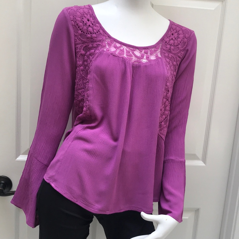 Long Sleeve Boho Crochet Top Purple Size Medium
